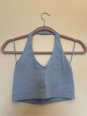 2 Garage Tops, Light Blue Ribbed V-Neck Crop Halter Top, Orange Bra Top